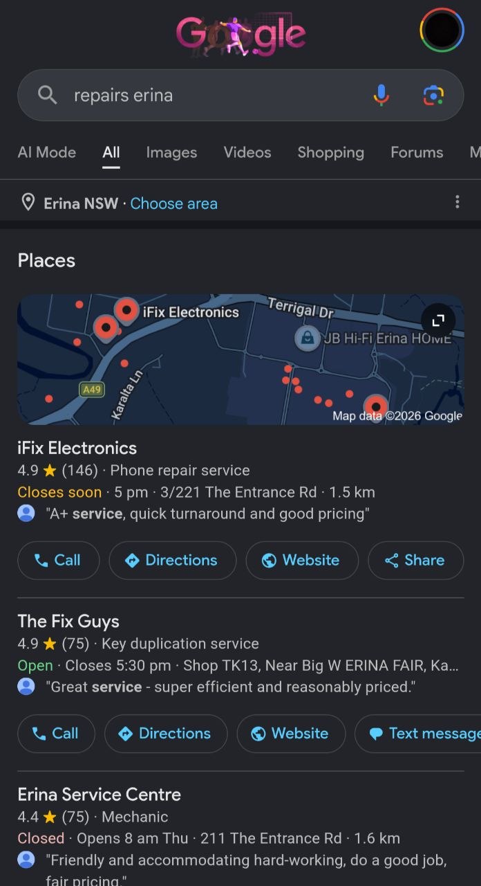 Google Maps local pack for 'repairs erina' showing iFix Electronics listed among the top three results with star rating and Erina address visible